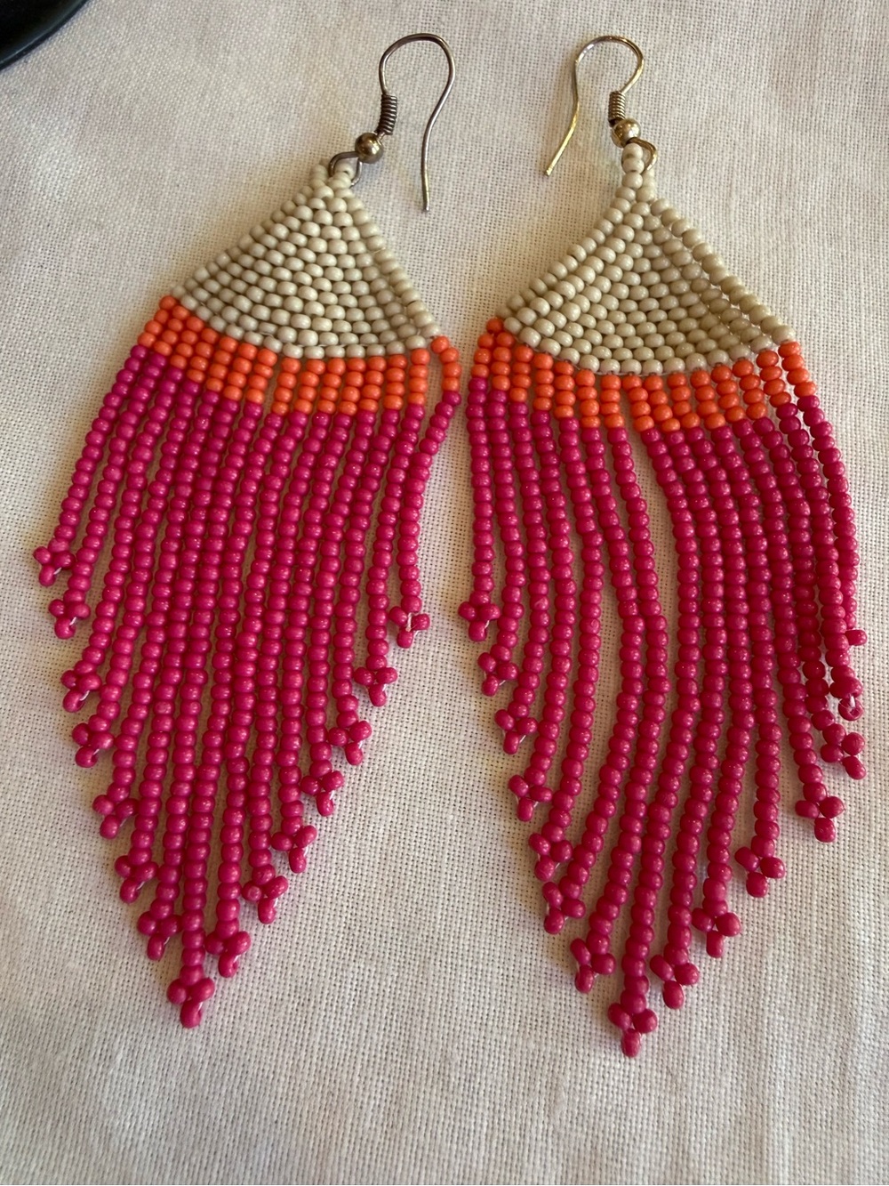 Handmade Fuchsia Beaded Fringe Earrings with Orange Accent